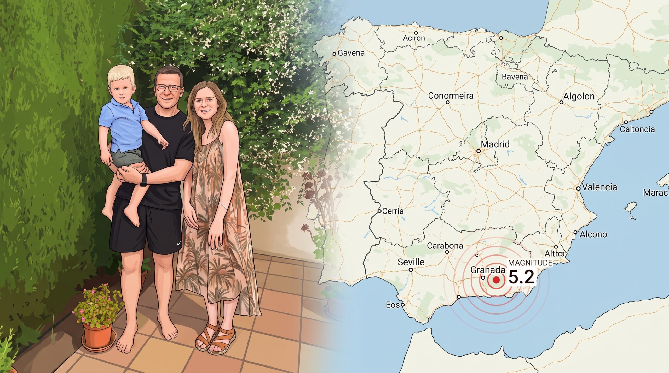 Jordskjelvet 15. august rammet Granada-regionen i Sør-Spania med en styrke på 5,2. Samtidig var Ørjan Jensen og familien på ferie der. Grafikk: Østhavet / KI.