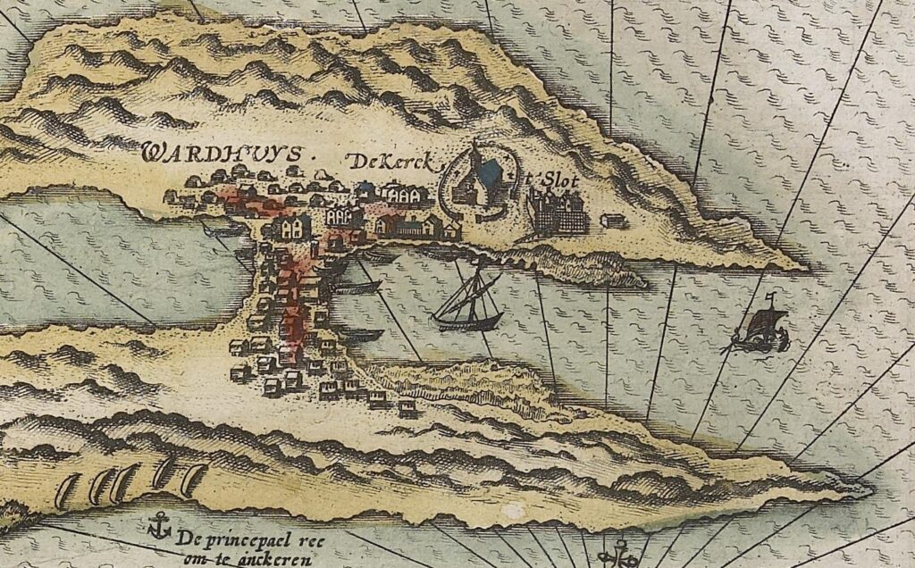 Vardø kommune viste til bl.a. Linschotens kart fra 1594 for å underbygge at de viktigste kulturlagene i Vardø ikke ligger under Kristian 4.s gate. Kart: Jan Huygen van Linschoten / Nasjonalbiblioteket.