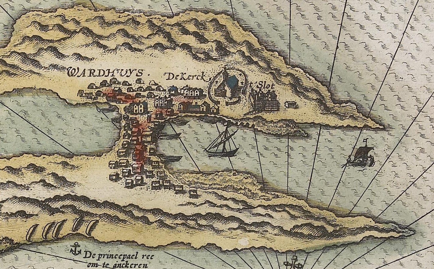 Vardø kommune viste til bl.a. Linschotens kart fra 1594 for å underbygge at de viktigste kulturlagene i Vardø ikke ligger under Kristian 4.s gate. Kart: Jan Huygen van Linschoten / Nasjonalbiblioteket.