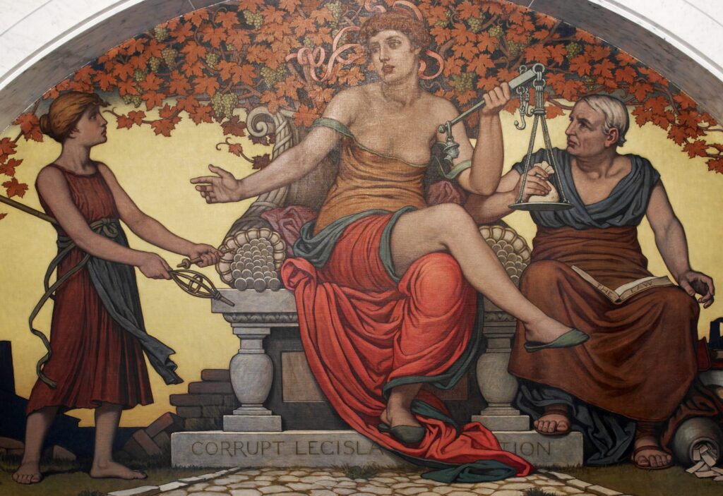 «Korrupt lovgivning» (Corrupt Legislation, 1896) av Elihu Vedder (1836–1923). Kunstverket fremstiller interessekonflikten mellom rike og fattige i lovprosessen: En personifisering av korrupt lovgivning veier en sekk med penger på vektskålen, samtidig som bønnen fra de fattige avvises. Foto: Carol M. Highsmith (2007) / Library of Congress.