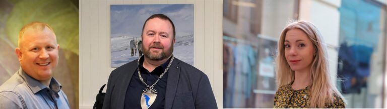 Frå. v. ordførar Tor-Erik Labahå i Vardø, ordførar Raymond Fagerli i Grane og leiar av Senterkvinnene og varaordførar Kine Mosheim-Lysfjord i Vefsn. Foto: Privat.